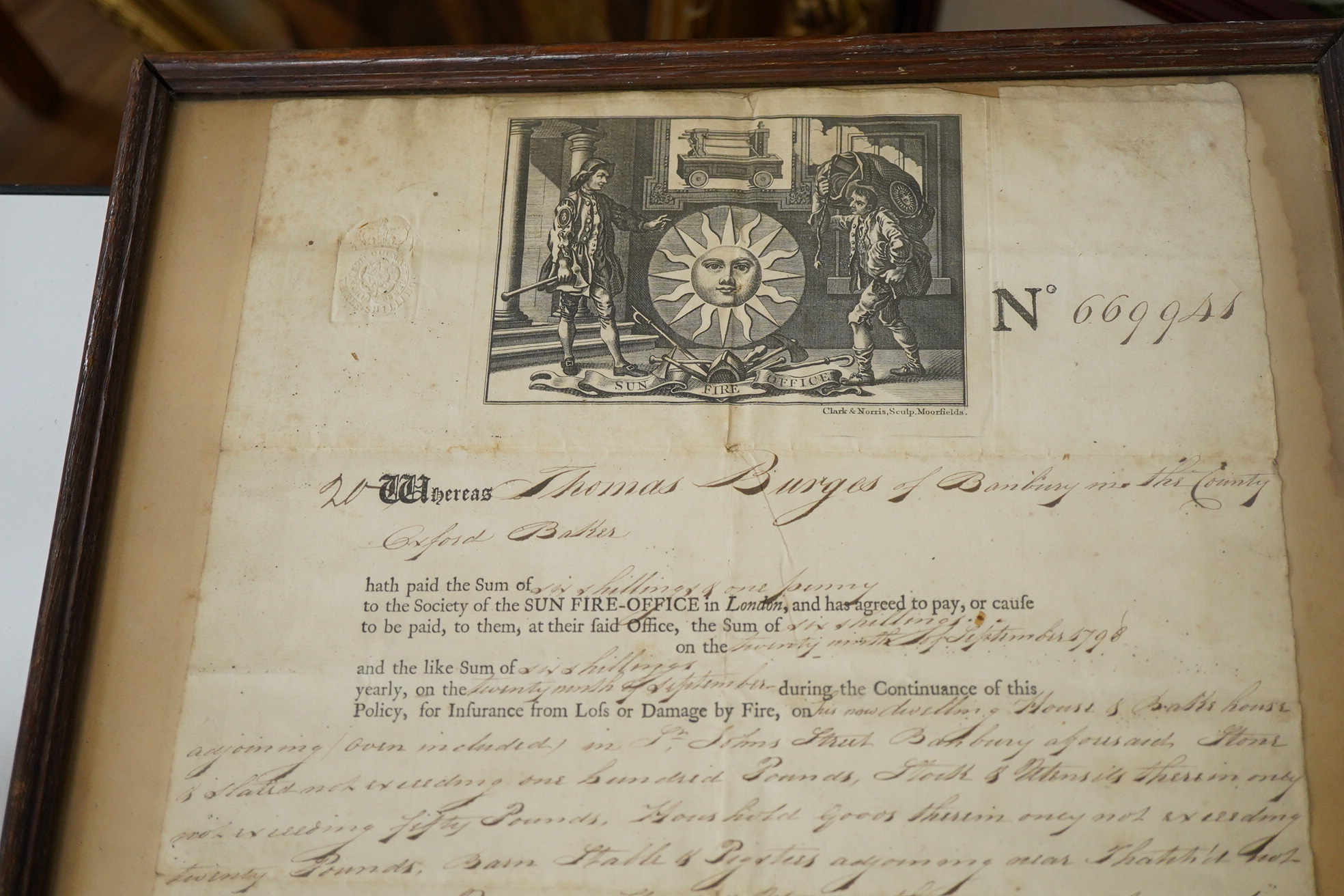Sun Fire Office Insurance policy dated 1797, for Thomas Burges of Banbury
